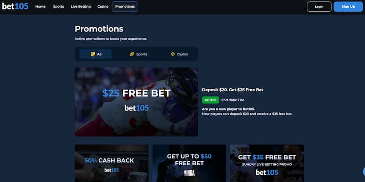 Featured promos on Bet105, a top online sports betting option in Massachusetts.